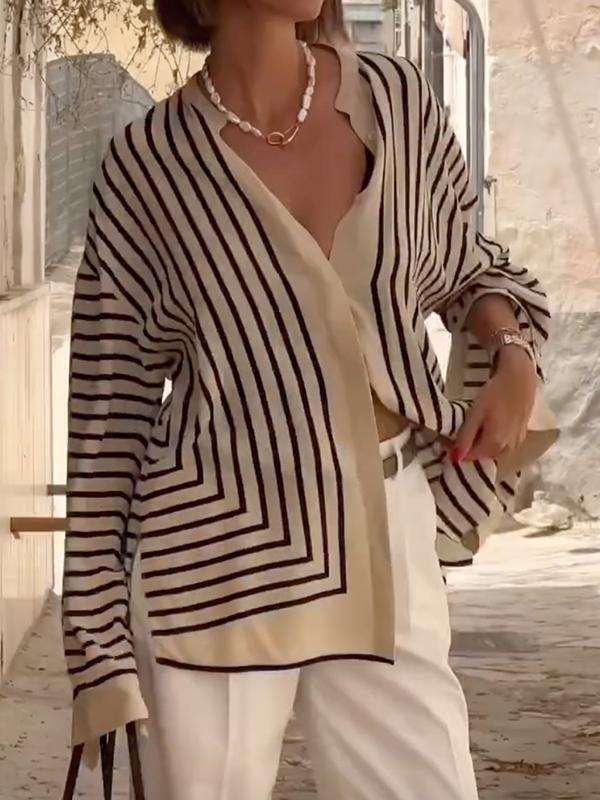 Long Sleeves Loose Buttoned Striped Stand Collar Blouses&Shirts Tops Product Image