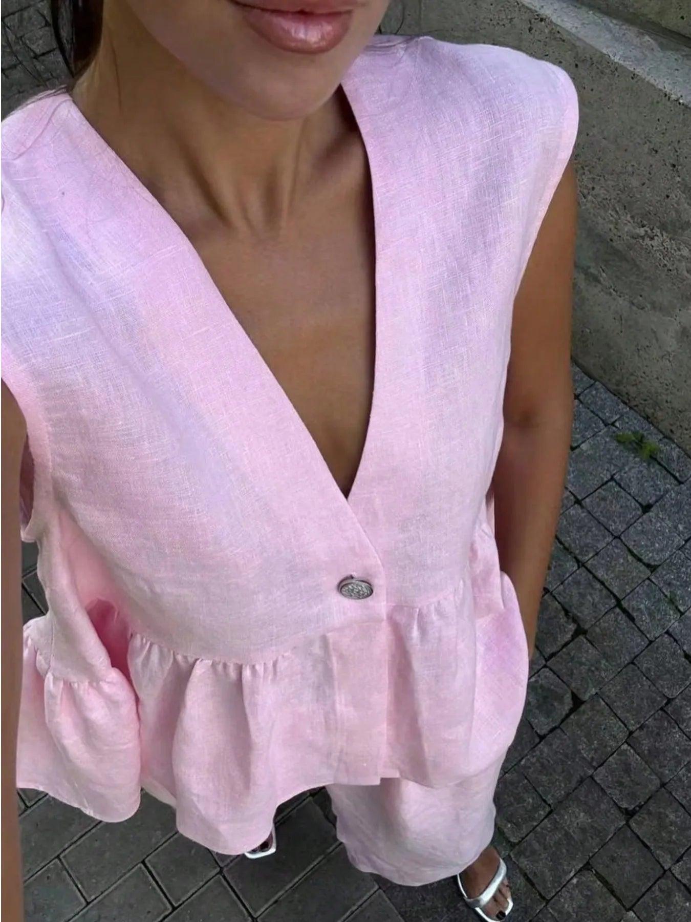 Button Down Peplum Vest and Pants Set Product Image