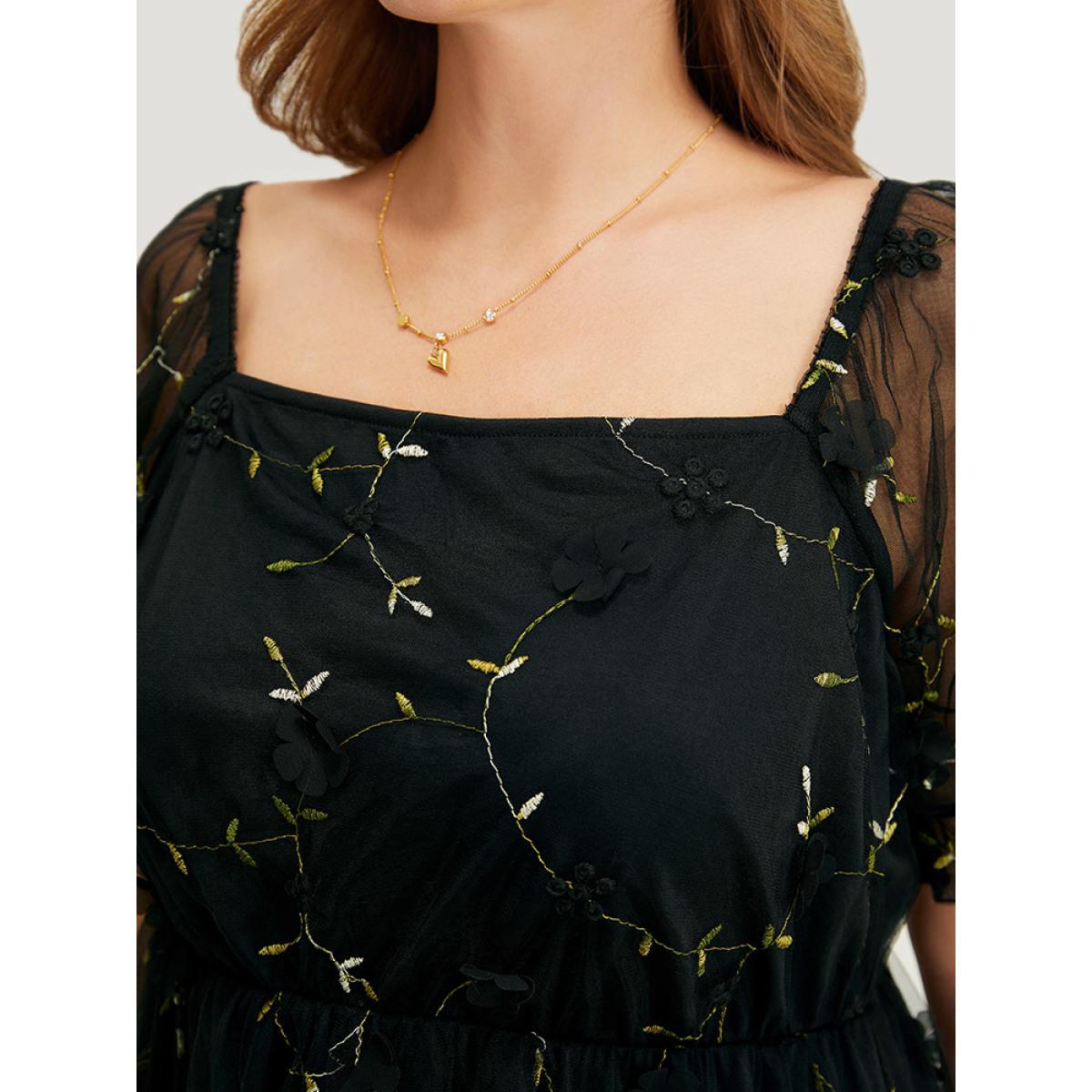 Plus Size BlackFlower Plant Embroidered Appliques Mesh Puff Sleeve Blouse Women Party Short sleeve Square Neck Going out Blouses BloomChic 12/L Product Image
