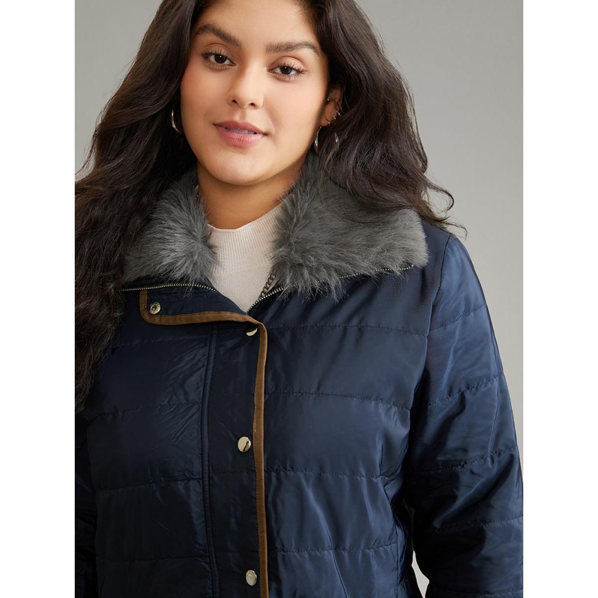 Plus Size Fuzzy Trim Patchwork Zipper Padded Jacket Women Indigo Zipper Pocket Dailywear Jackets BloomChic 26/4X Product Image
