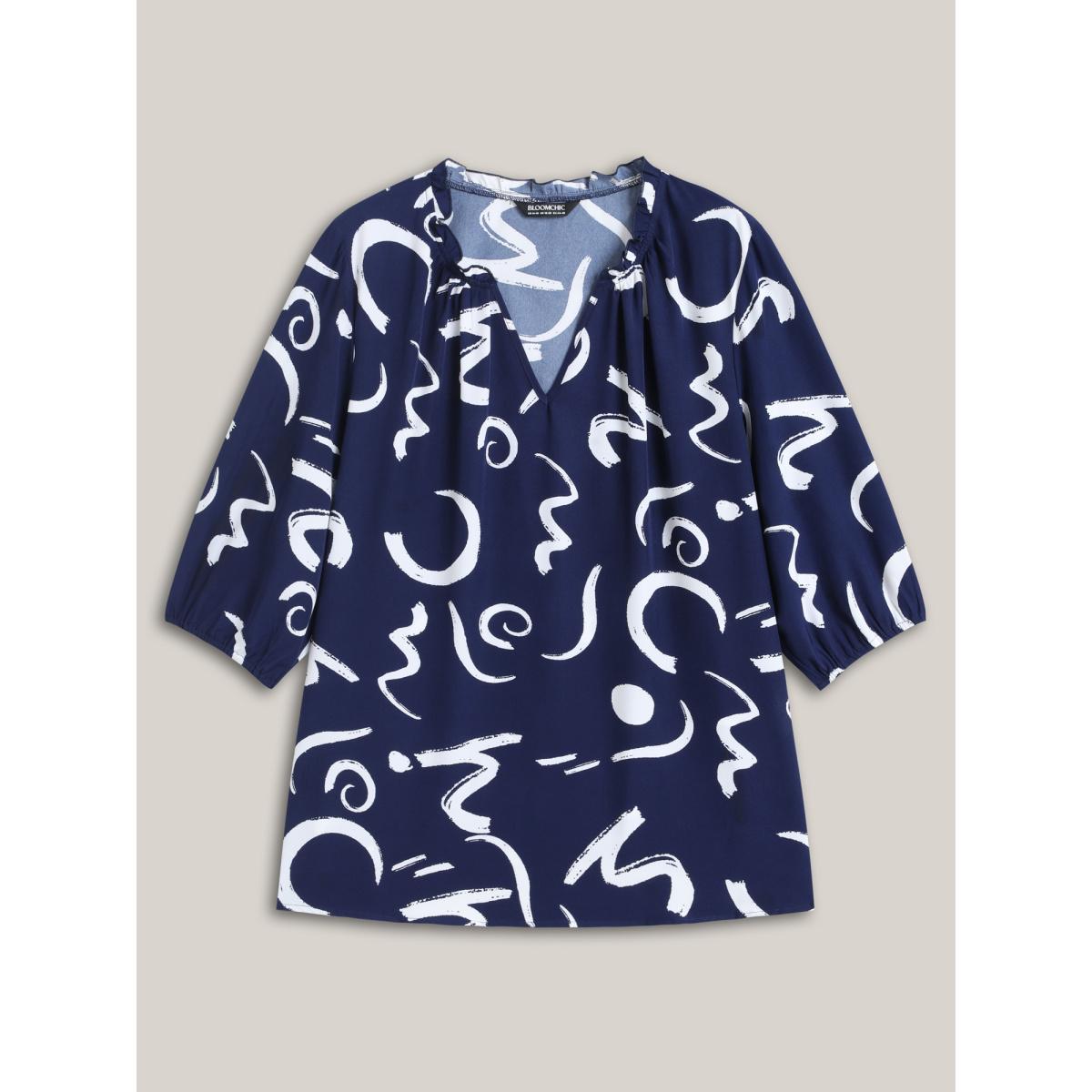 Plus Size Indigo Scribble Print Ruffled Split Neck Blouse Women Office Elbow-length sleeve Notched collar Office Blouses BloomChic 12/L Product Image
