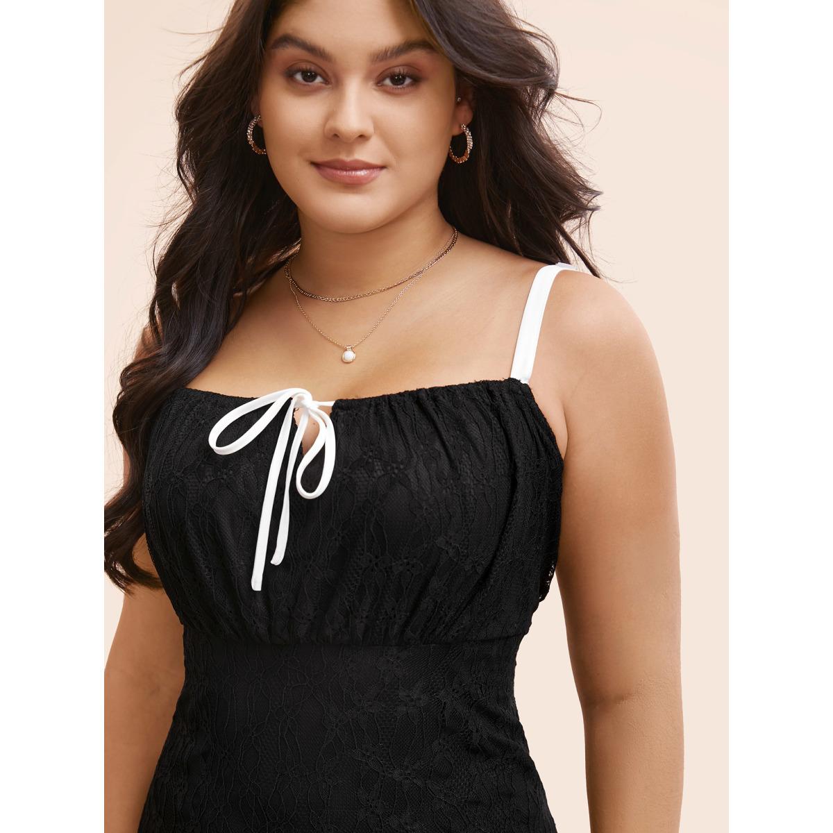 Plus Size Contrast Tie Knot Lace Panel Cami Dress Black Women Elegant Woven ribbon&lace trim Square Neck Sleeveless Curvy BloomChic 14-16/1X Product Image