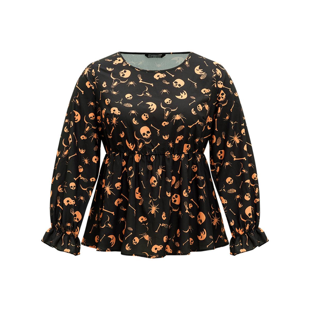 Plus Size Black Halloween Print Elastic Waist Crew Neck Lantern Sleeve Blouse Women Elegant Long Sleeve Round Neck Festival-Halloween Blouses BloomChic 10/M Product Image