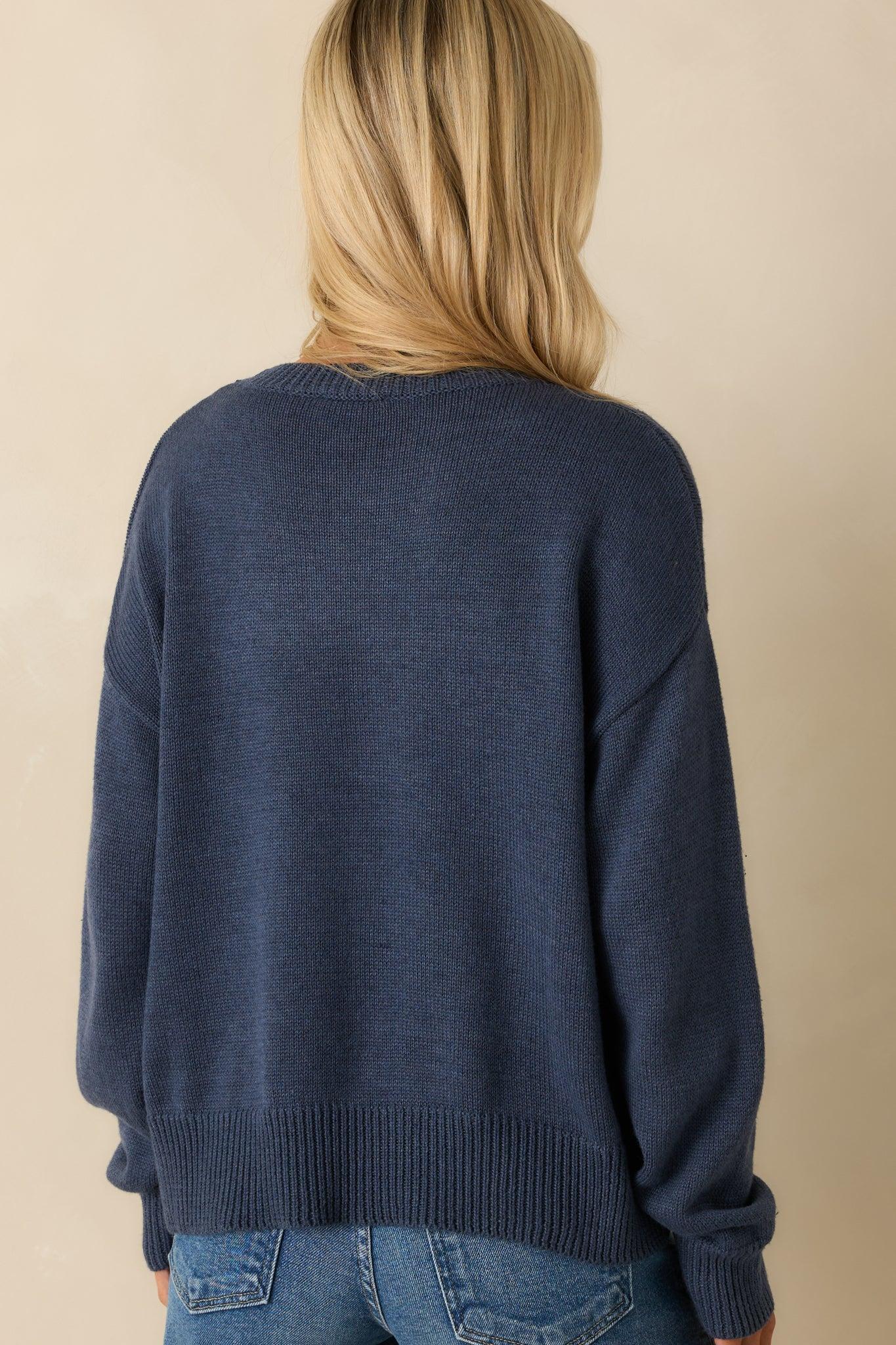 My Lakeside Dreams Navy Knit Cotton Crewneck Sweater L / Navy Product Image