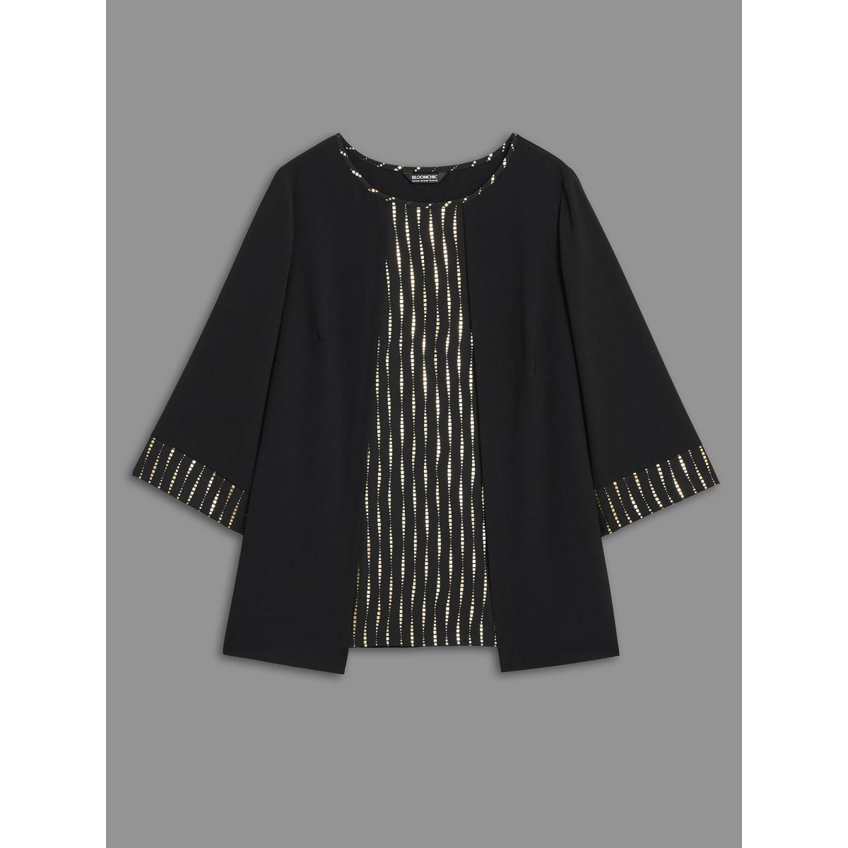 Plus Size Black Crew Neck Glitter Patchwork Contrast Blouse Women Cocktail Long Sleeve Round Neck Party Blouses BloomChic 12/L Product Image