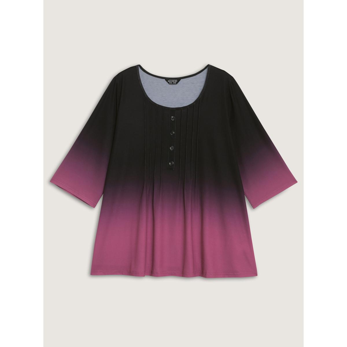 Plus Size Color Gradient Pleated Button T-Shirt RedViolet Women Leisure Round Neck Casual T-shirts BloomChic 30/6X Product Image