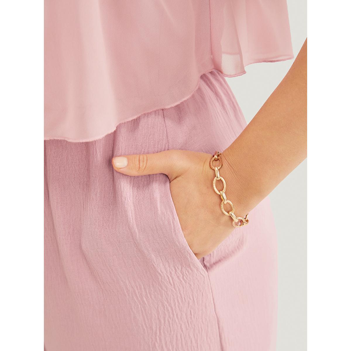 Plus Size MistyRose Solid Ruffle Trim Pocket Split Hem Keyhole Cami Jumpsuit Women Elegant Sleeveless Spaghetti Strap Dailywear Loose Jumpsuits BloomChic 10/M Product Image