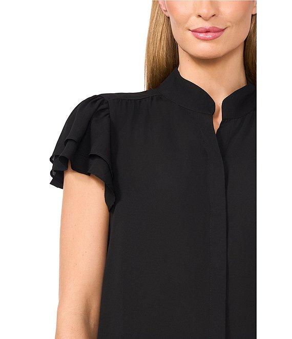 CeCe Woven Mandarin Collar Flutter Short Sleeve Blouse Product Image