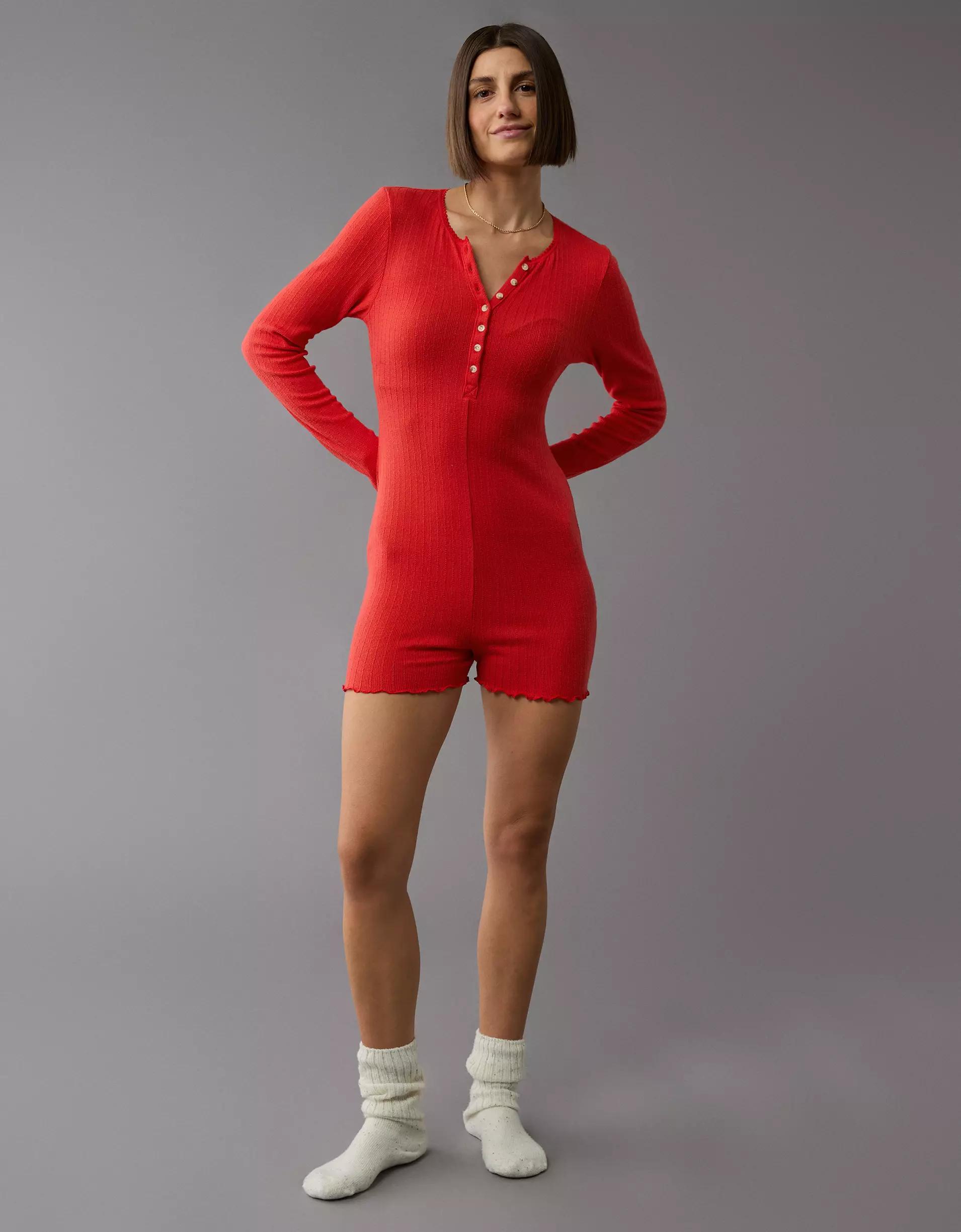 AE Long-Sleeve Lettuce Edge Lounge Romper Product Image