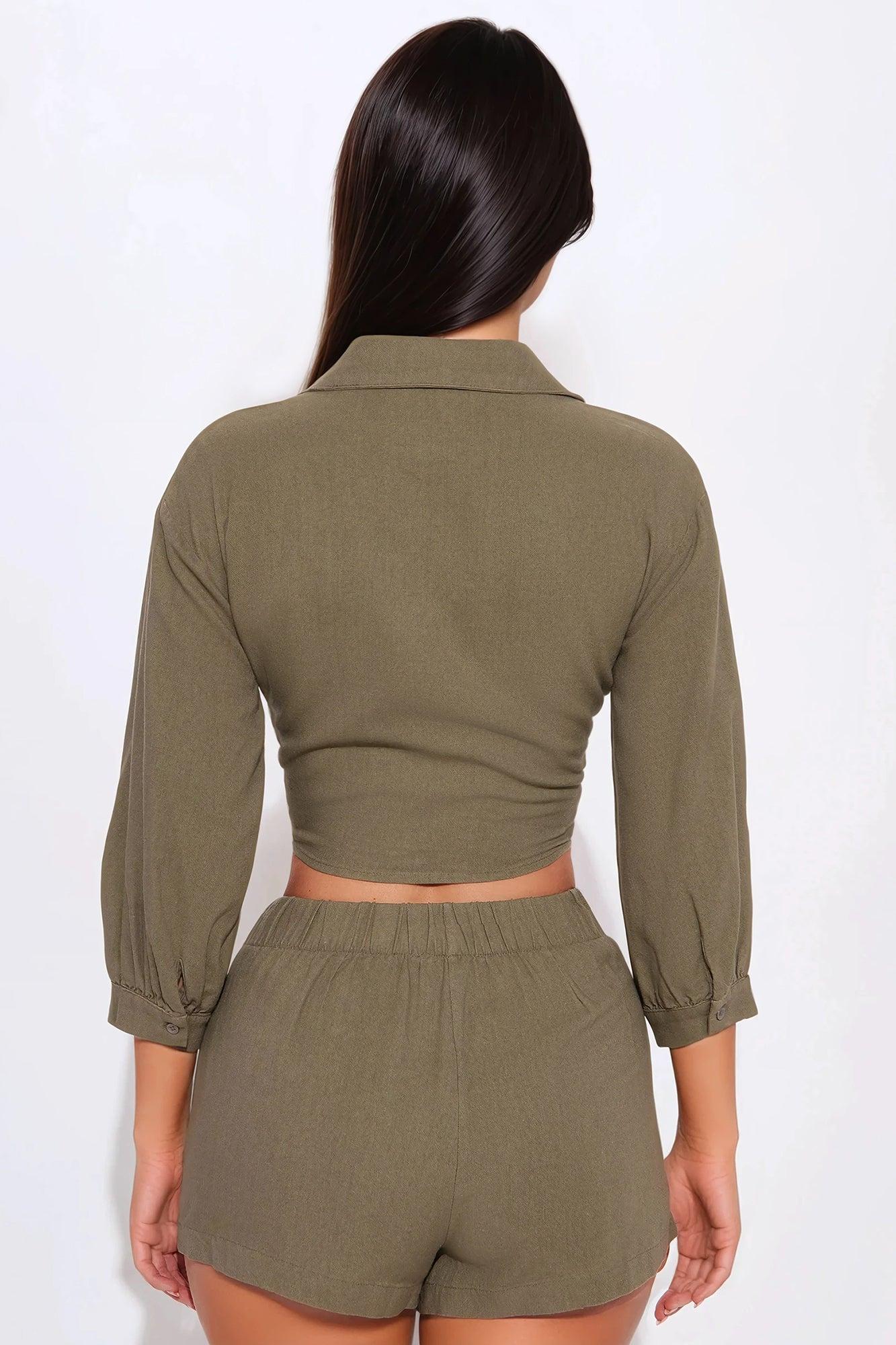 Catching Waves Linen Short Set - Olive Product Image