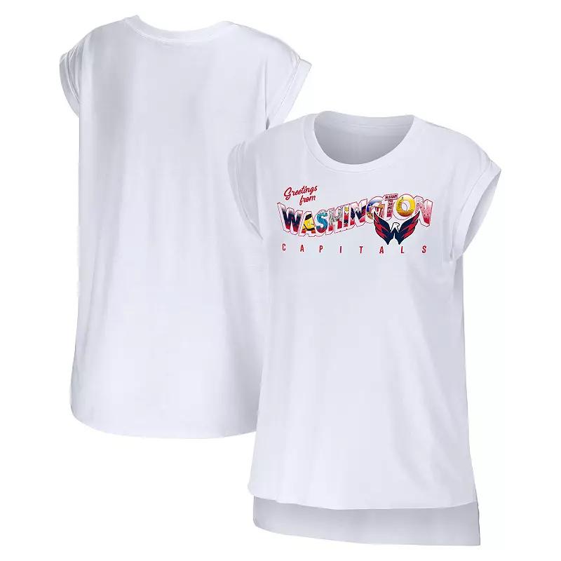 Women's WEAR by Erin Andrews White Washington Capitals Greetings From Muscle T-Shirt,  Product Image