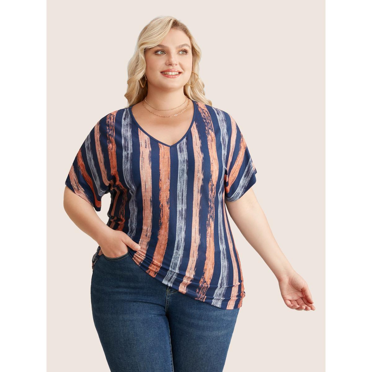 Plus Size Striped Contrast Dolman Sleeve V Neck T-shirt OrangeRed Women Casual Striped V-neck Everyday T-shirts BloomChic 26/4X Product Image