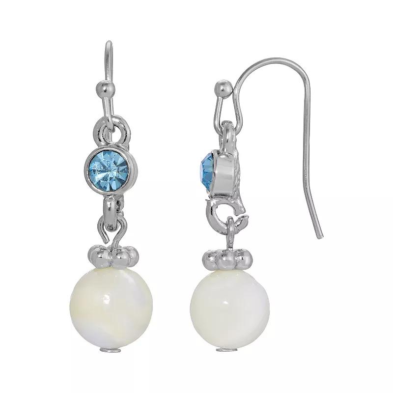1928 Silver Tone Simulated Mother Of Pearl and Fancy Blue Crystal Drop Earrings, Women's, White Product Image