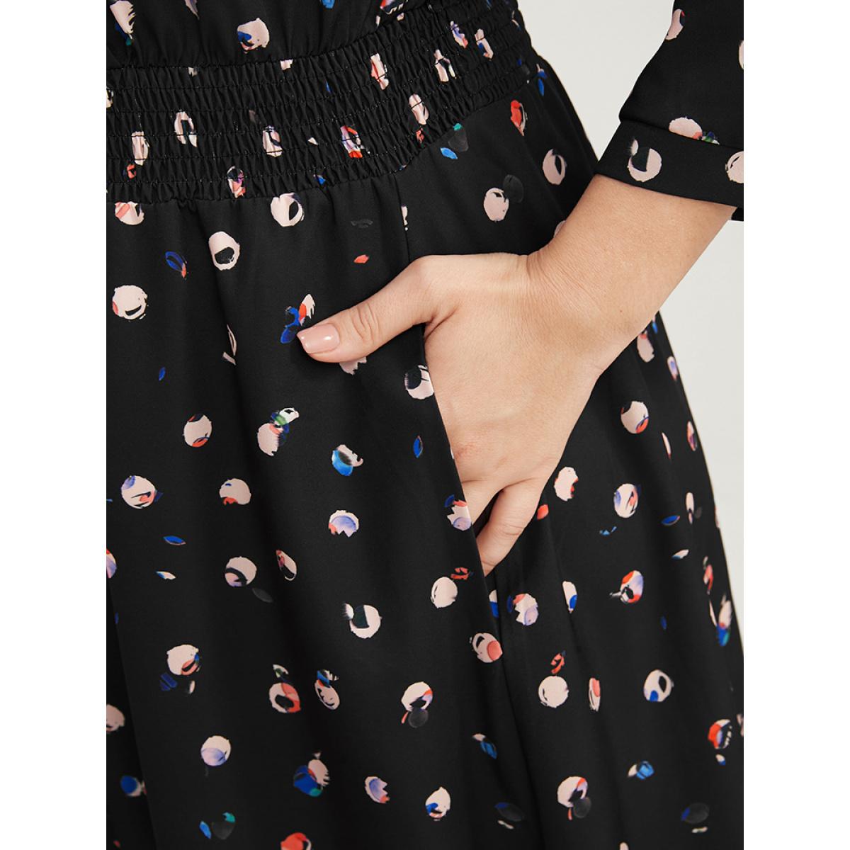 Plus Size Graphic Pocket Surplice Neck Shirred Arc Hem Dress BlackFlower Women Elegant Wrap V-neck Curvy Long Dress BloomChic 30/6X Product Image