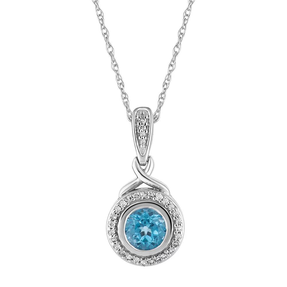 10k White Gold Swiss Blue Topaz & 1/8 Carat T.W. Diamond Halo Pendant Necklace, Women's, Size: 18", 10k Whgold Product Image