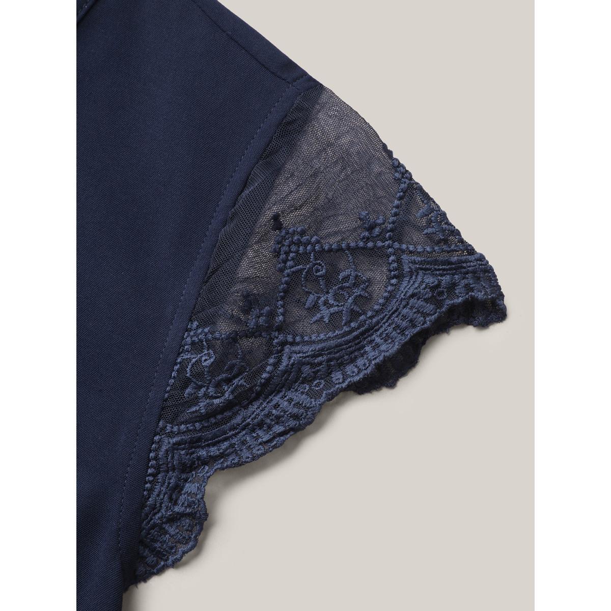 Plus Size Indigo Back Lace Sheer Sleeve Solid Shirt Women Elegant Cap Sleeve V-neck Everyday Blouses BloomChic 18-20/2X Product Image