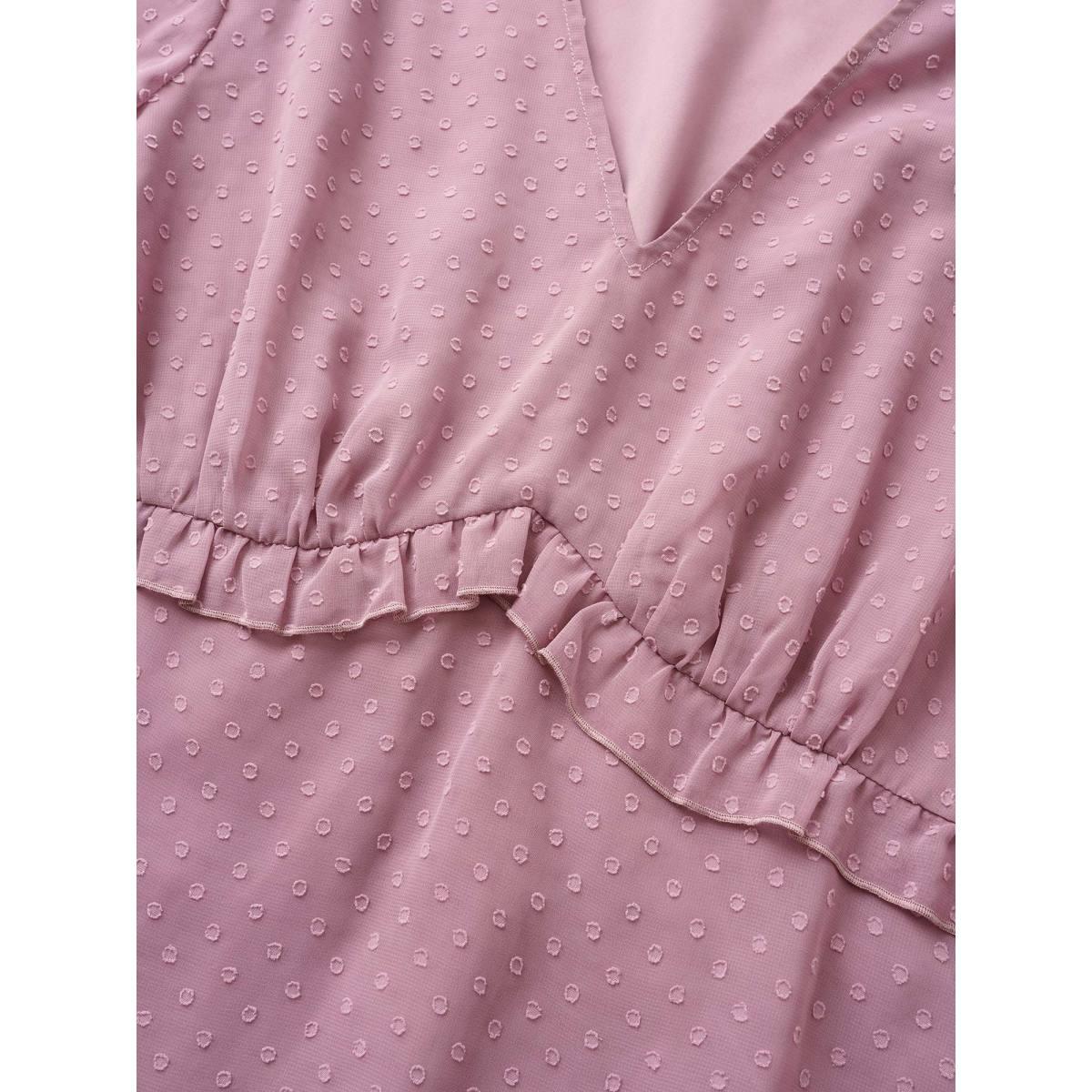 Plus Size Mauve Chiffon Mesh Texture Polka Dot Frill Trim Blouse Women Elegant Half Sleeve V-neck Everyday Blouses BloomChic 22-24/3X Product Image