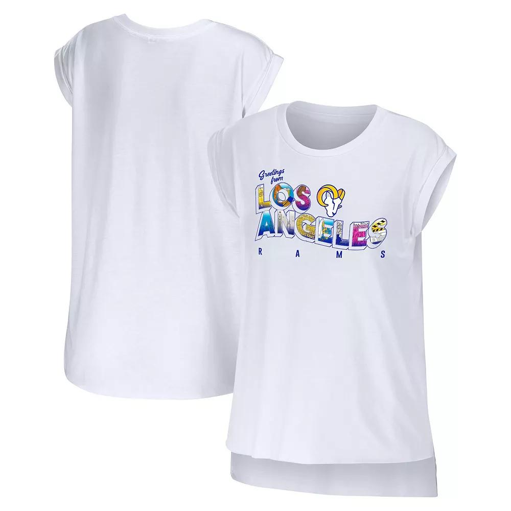 Women's WEAR by Erin Andrews White Los Angeles Rams Greetings From Muscle T-Shirt,  Product Image