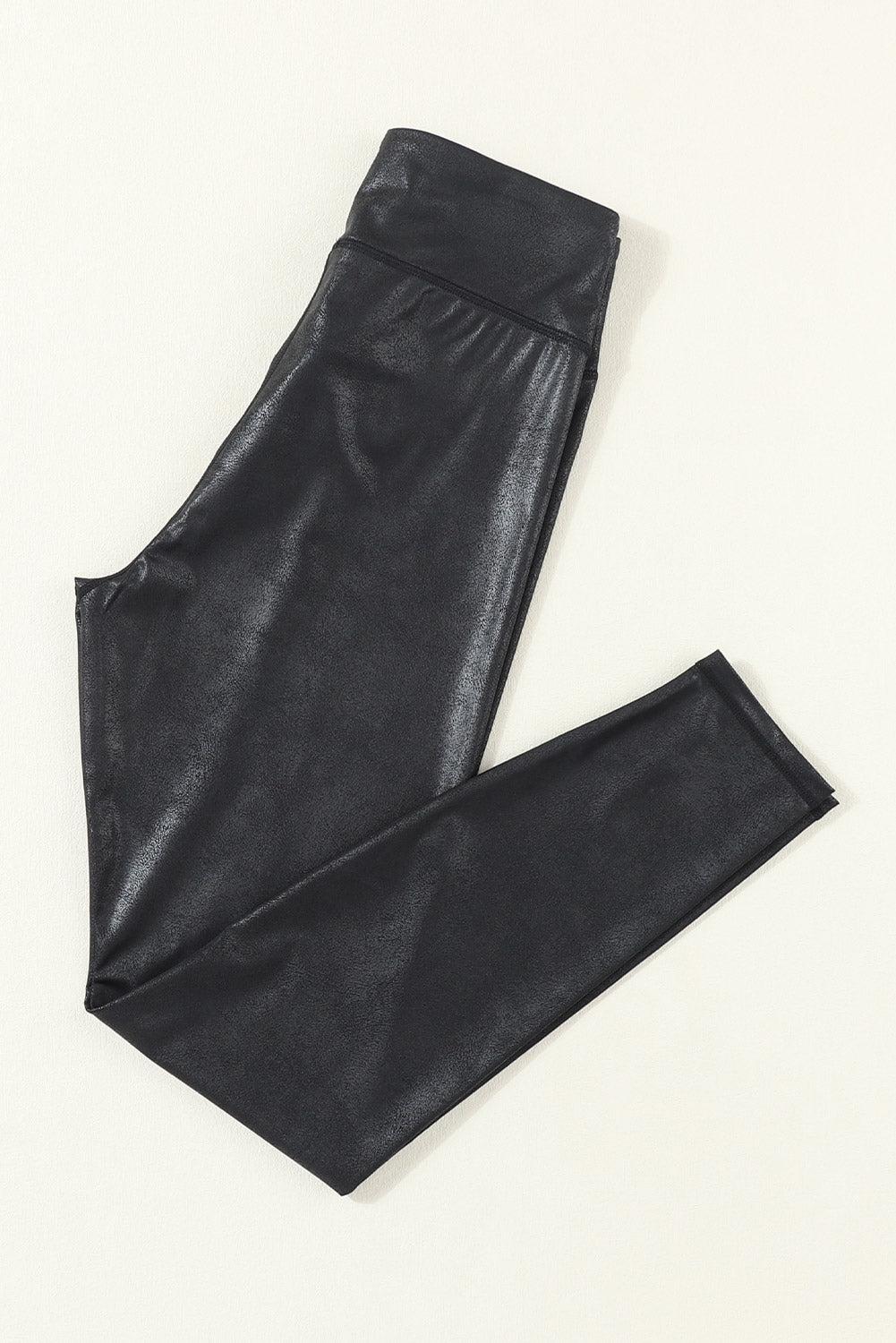 Black Crossed Dip Waist Sleek Leather Leggings Product Image
