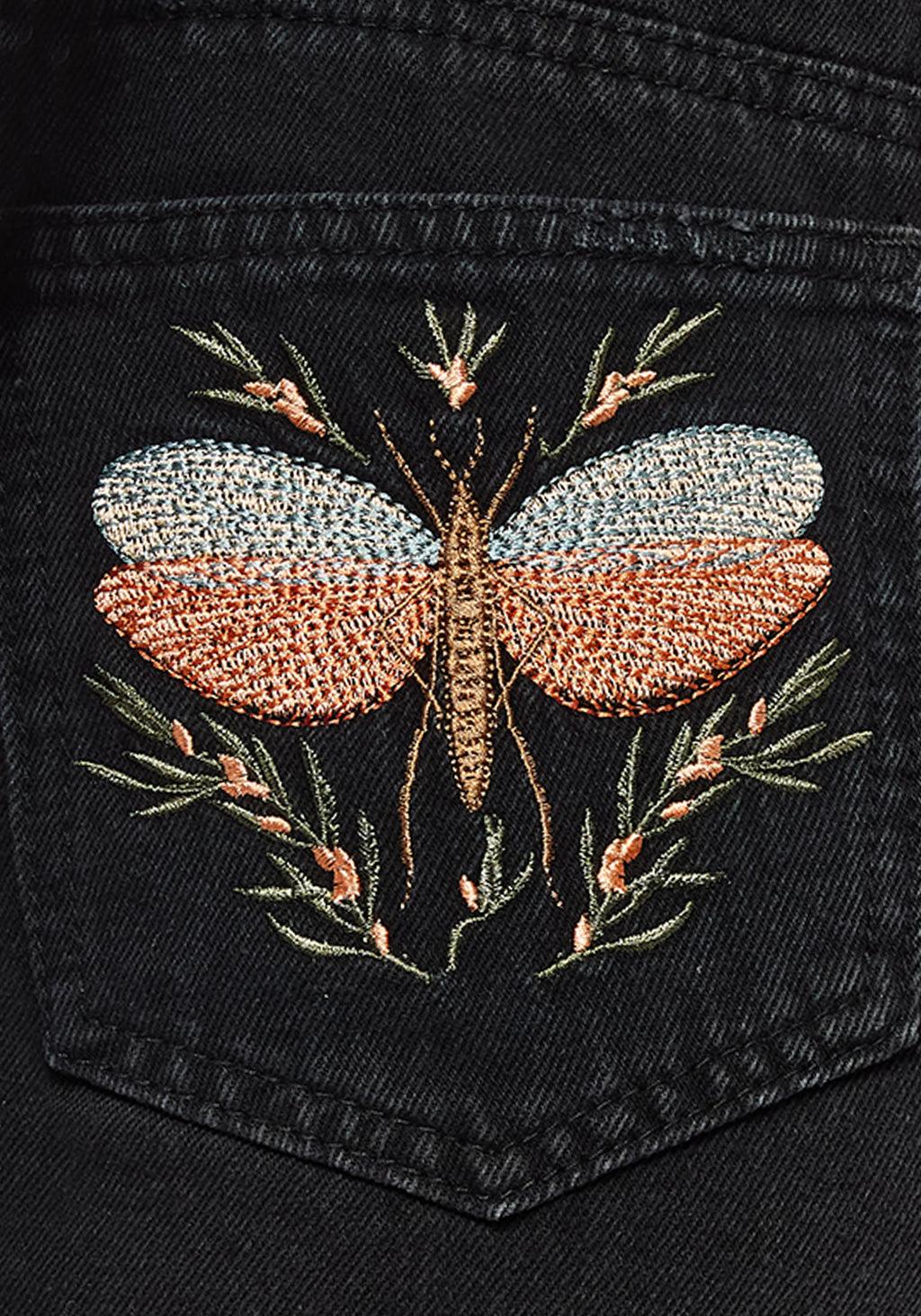 Griffinfly Embroidered Distressed Denim Shorts Product Image