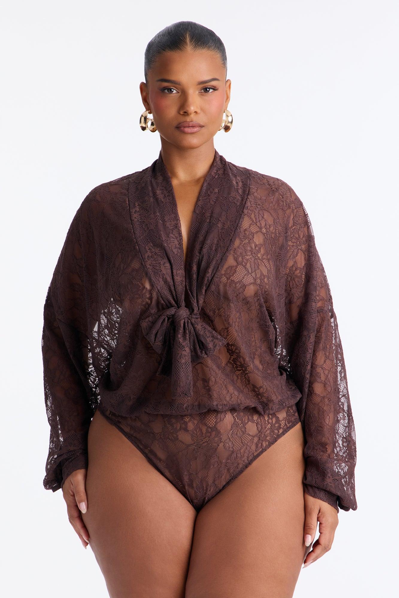 Chic And Out Long Sleeve Lace Bodysuit - Chocolate Female Product Image