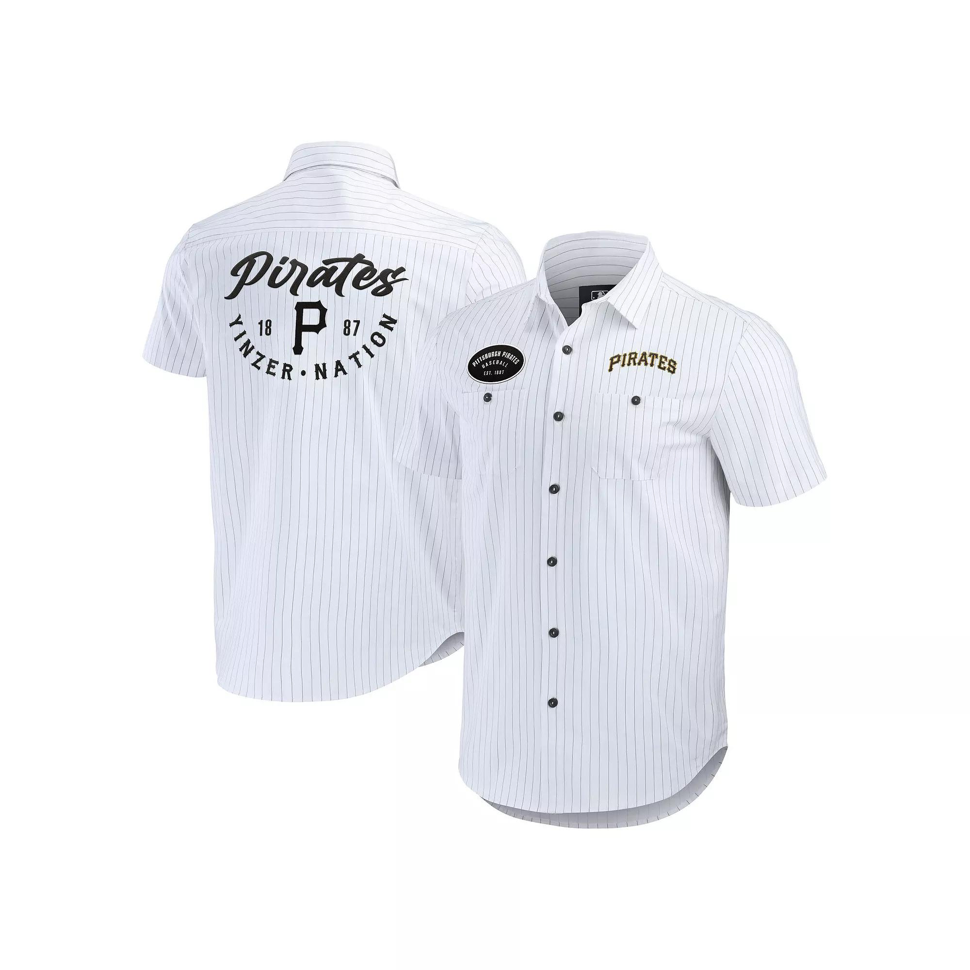 Men's Darius Rucker Collection by Fanatics White Pittsburgh Pirates Pin Stripe Short Sleeve Button-Up Shirt,  Product Image
