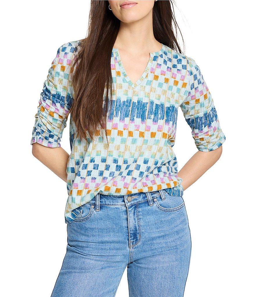 NIC + ZOE Painted Blocks Split V-Neck Ruched Elbow Sleeve Top Product Image