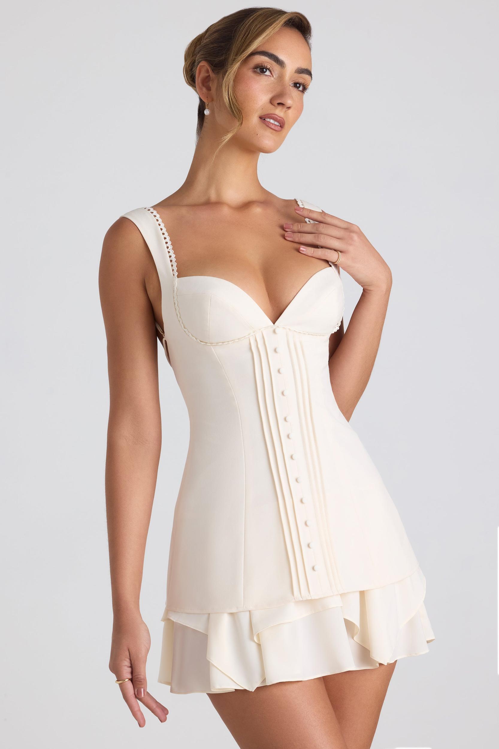 Ruffle-Trim Button-Detail Corset Mini Dress in Ivory Product Image