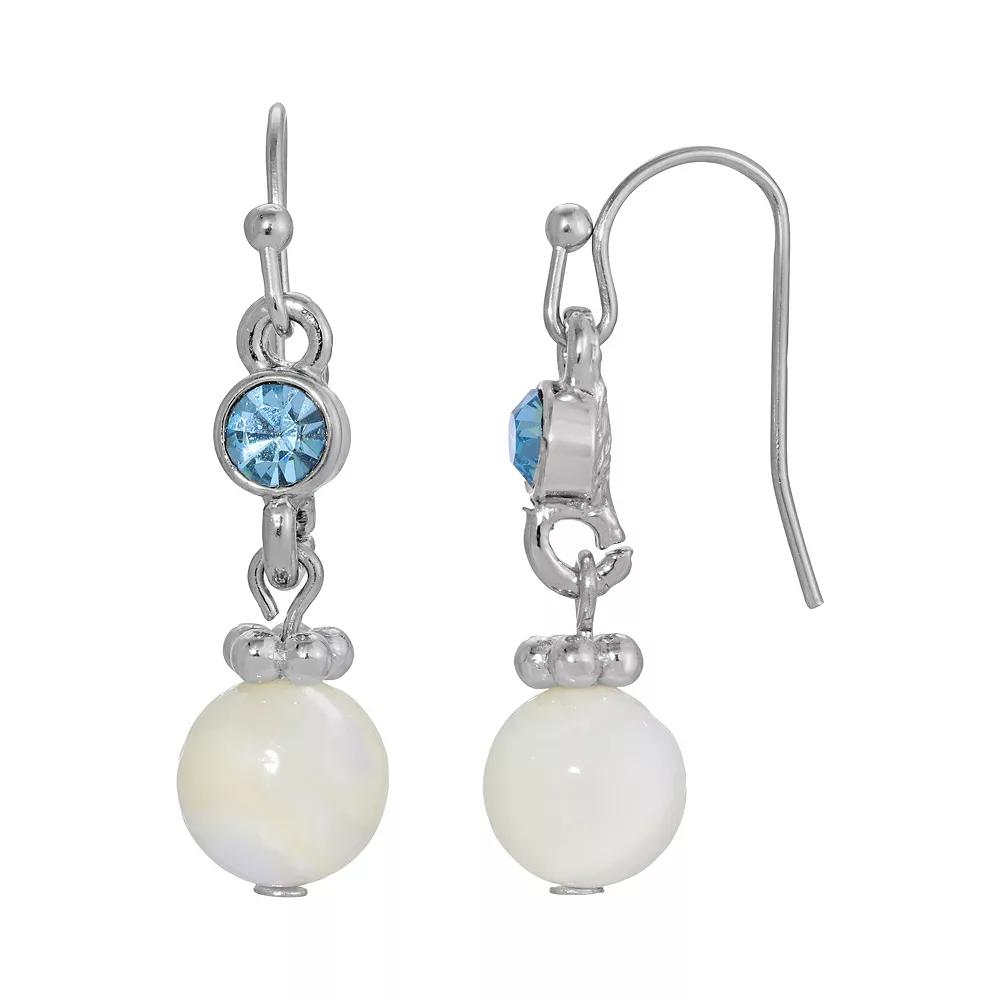 1928 Silver Tone Simulated Mother Of Pearl and Fancy Blue Crystal Drop Earrings, Women's, White Product Image
