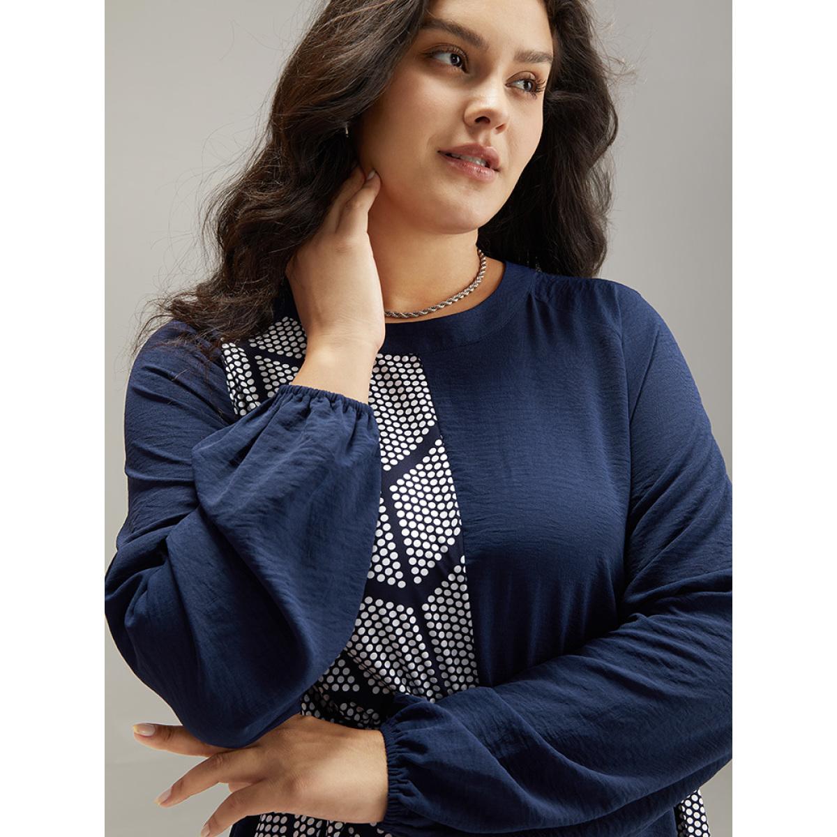 Plus Size Polka Dot Geometric Patchwork Belted Dress Navy Women At the Office Elastic cuffs Round Neck Long Sleeve Curvy Midi Dress BloomChic 22-24/3X Product Image