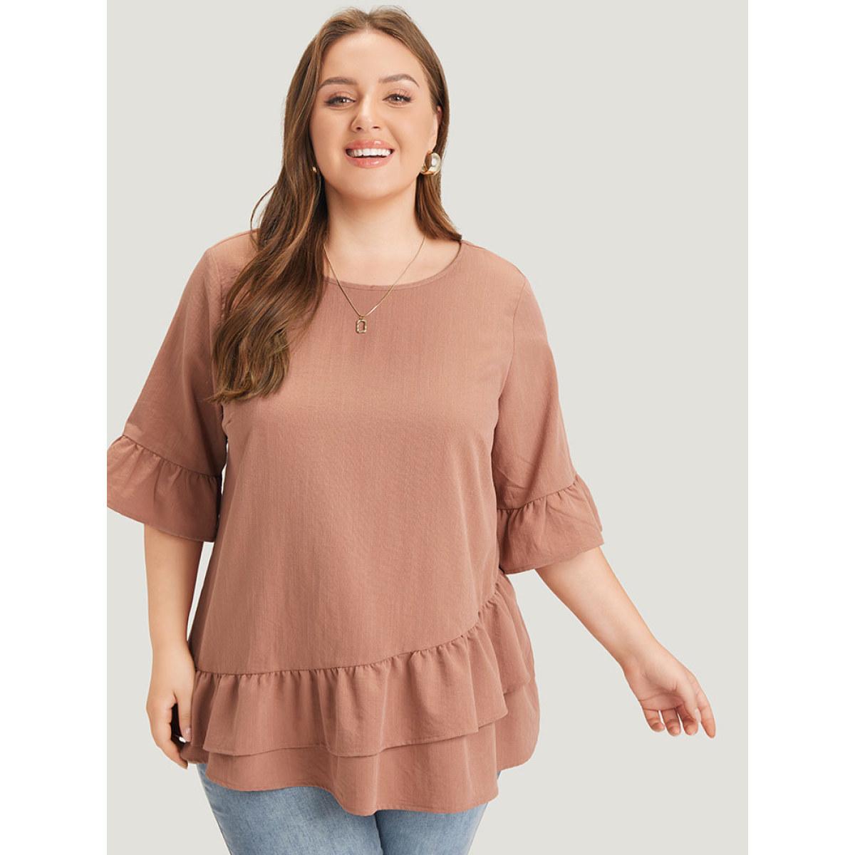 Plus Size Rouge Solid Bell Sleeve Ruffle Layered Blouse Women Elegant Half Sleeve Round Neck Dailywear Blouses BloomChic 10/M Product Image