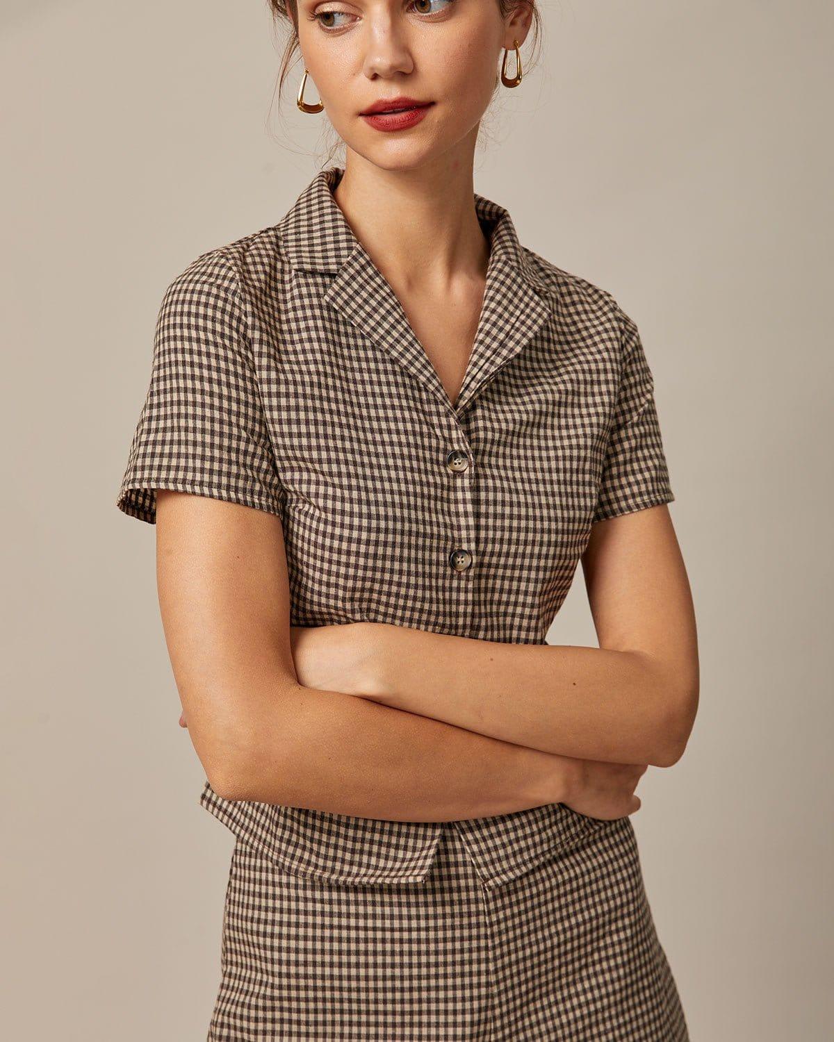 The Brown Lapel Plaid Short Sleeve Blouse Product Image