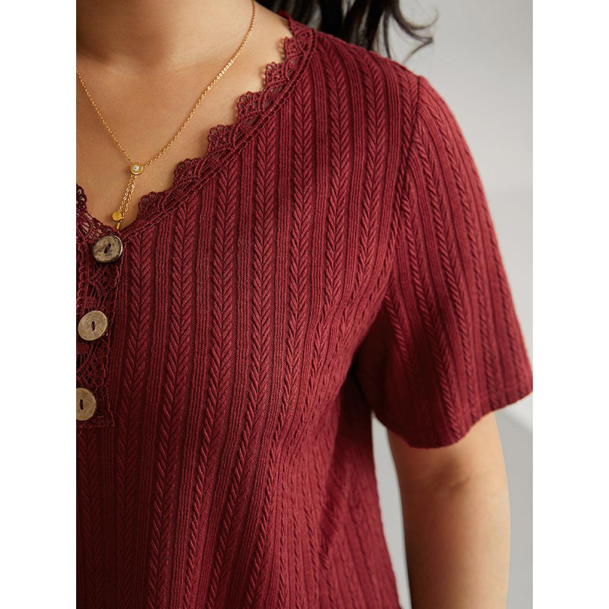 Plus Size Lace Trim Plisse Button Detail T-shirt Burgundy Women Casual Texture Plain V-neck Everyday T-shirts BloomChic 10/M Product Image