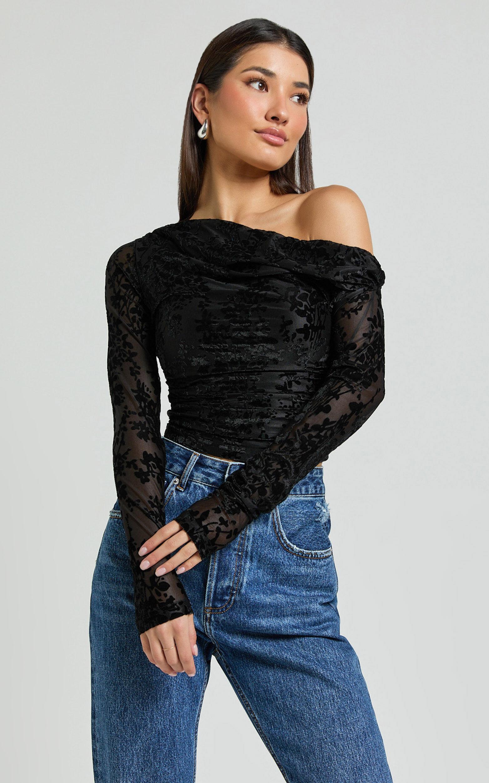 Willow Top - Asymmetrical Ruched Crop Top in Black Product Image