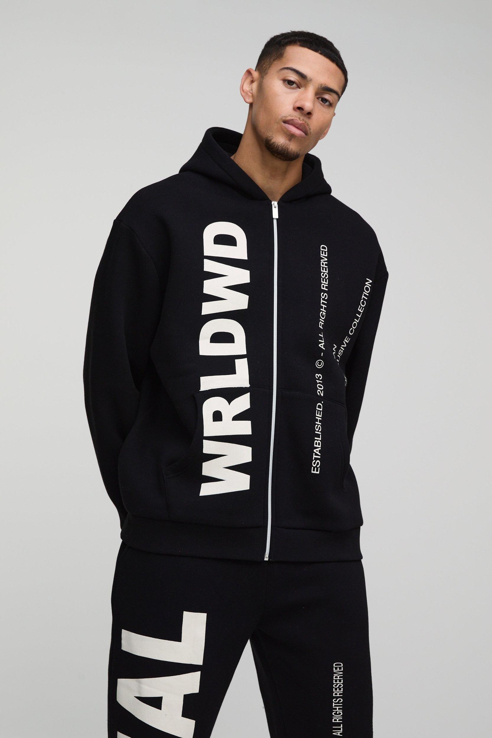 Oversized Worldwide Official Text Print Zip Through Tracksuit | boohooMAN USA Product Image