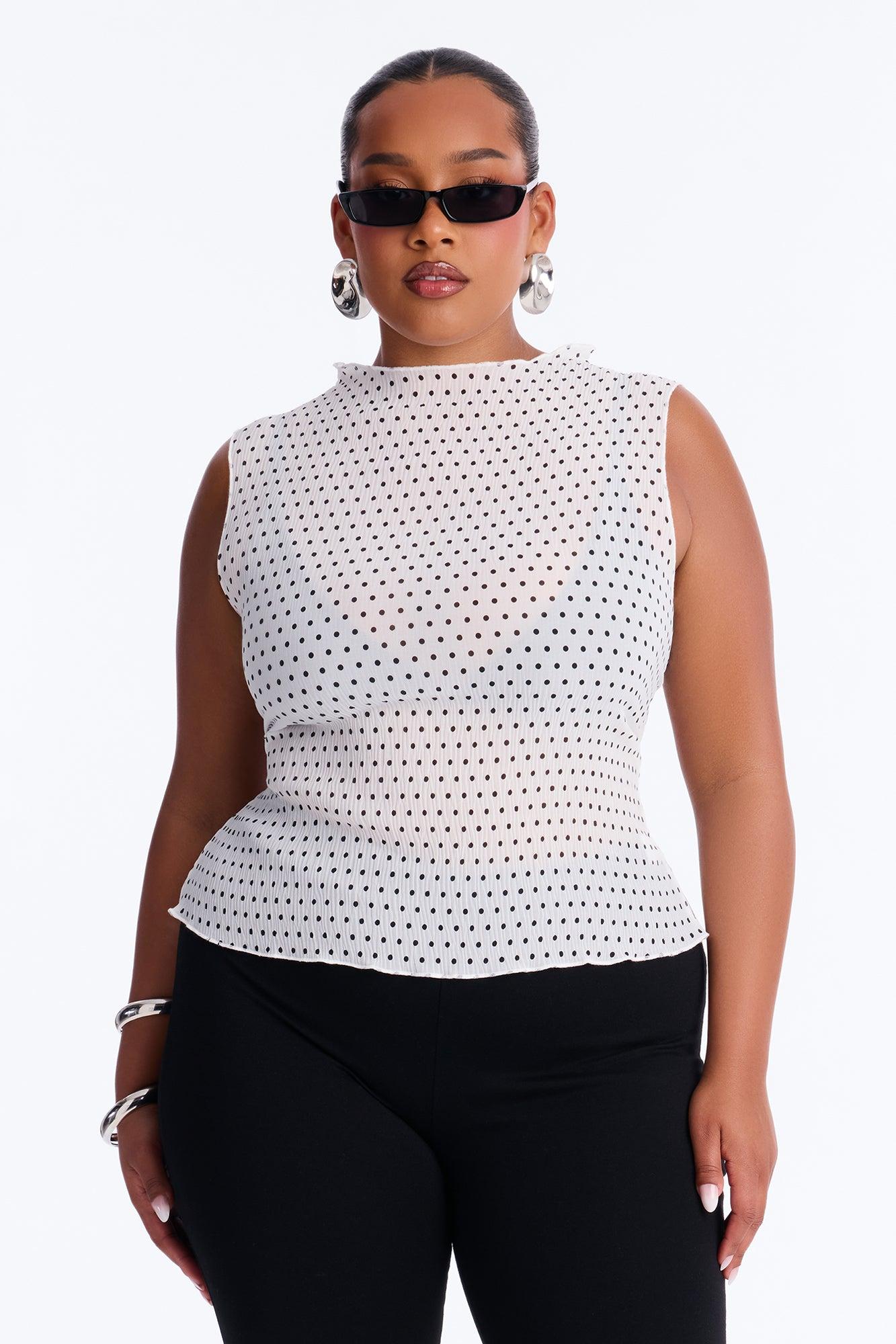 Into Paradise Mock Neck Polka Dot Plisse Top - White/combo Female Product Image