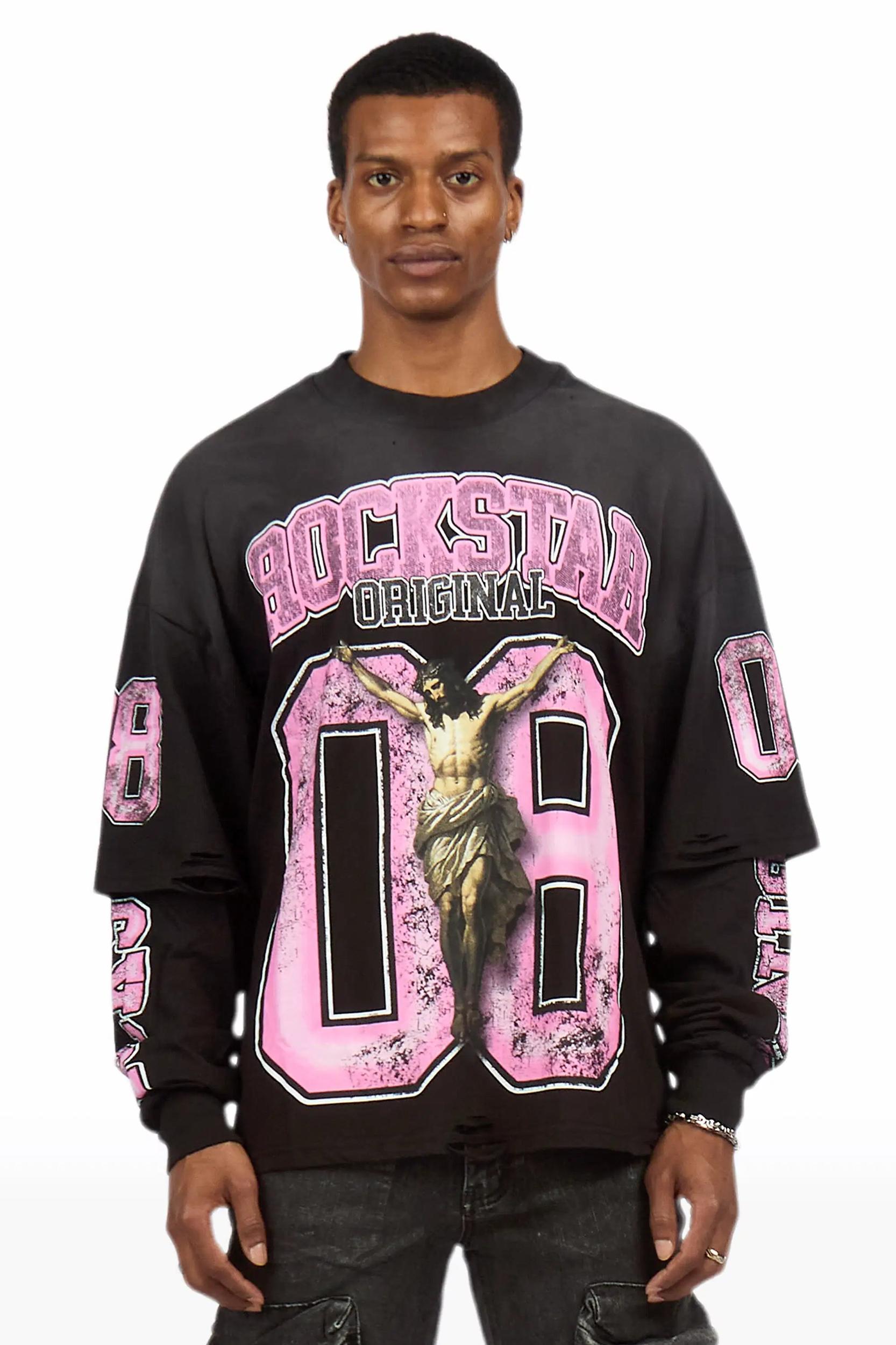 Fields Black/Pink Double Layer Long Sleeve Graphic T-Shirt Male Product Image