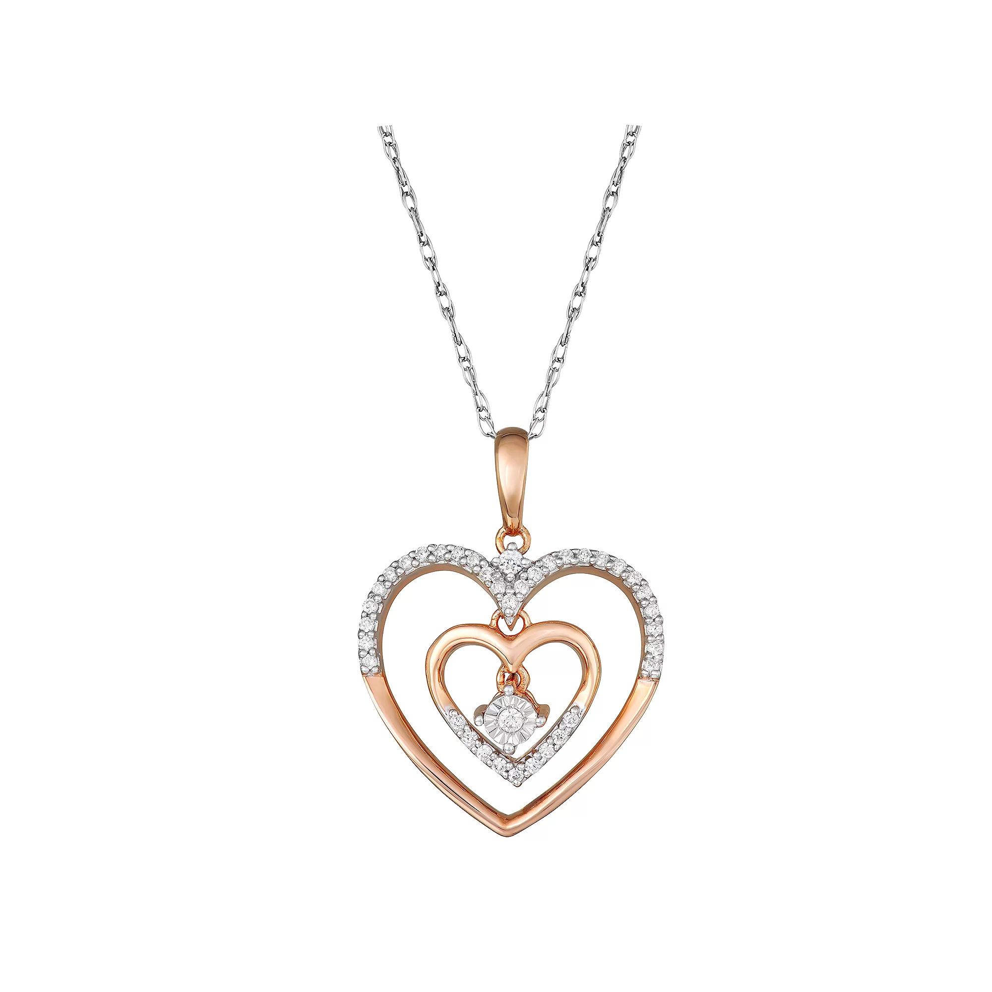 10k Rose Gold 1/6 Carat T.W. Diamond Double Heart Dangling Charm Pendant, Women's, Size: 18", 10k Pink Product Image
