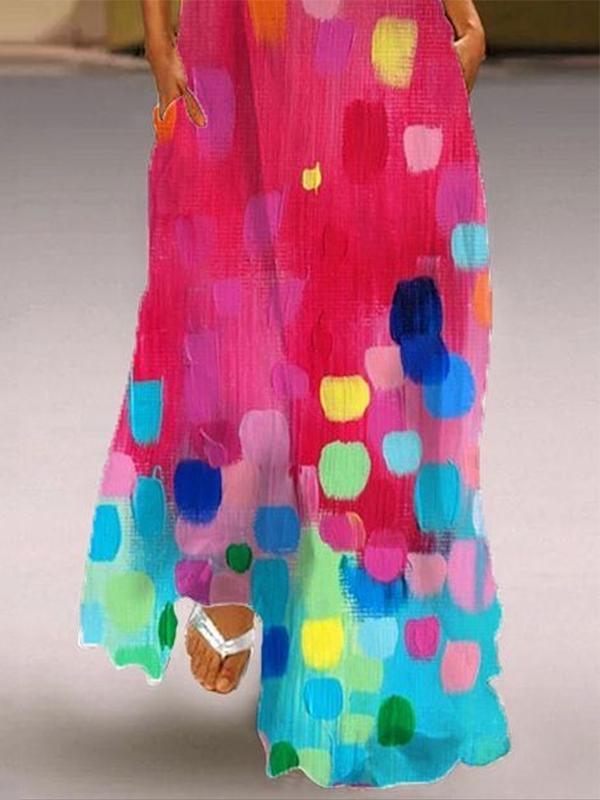 Loose Sleeveless Contrast Color Printed V-Neck Maxi Dresses Product Image