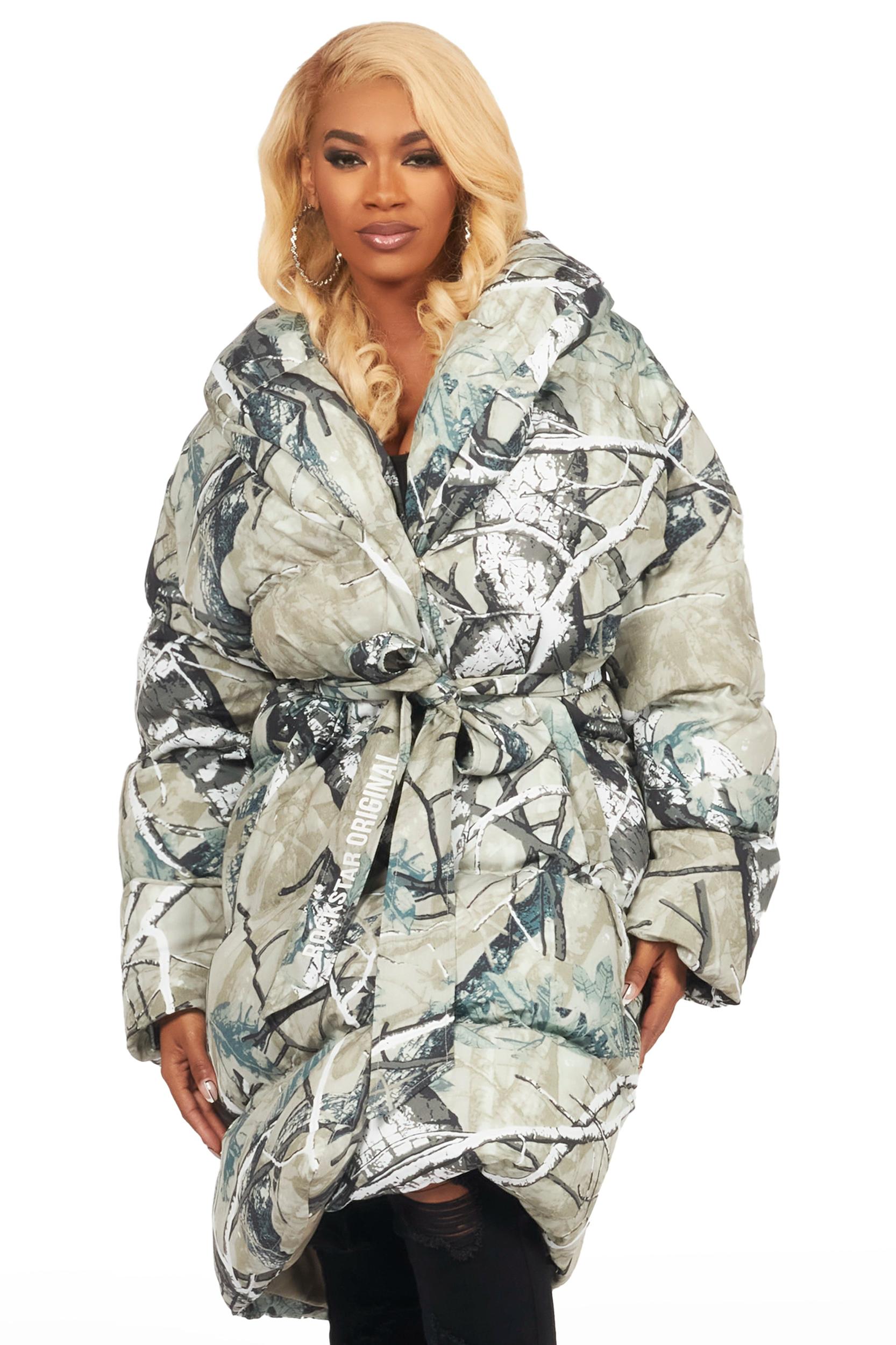 Sehrazat Tree Camo Long Wrap Puffer Jacket Female Product Image
