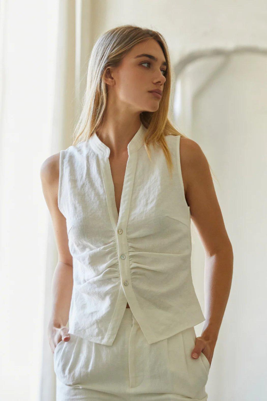 Jaylin Sleeveless Mandarin Collar Linen Blouse Product Image