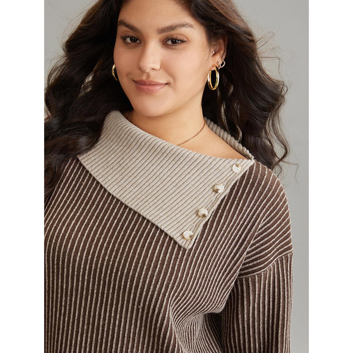 Plus Size Supersoft Essentials Striped Button Detail Pullover DarkBrown Women Casual Loose Long Sleeve Asymmetrical Neck Dailywear Pullovers BloomChic 12/L Product Image