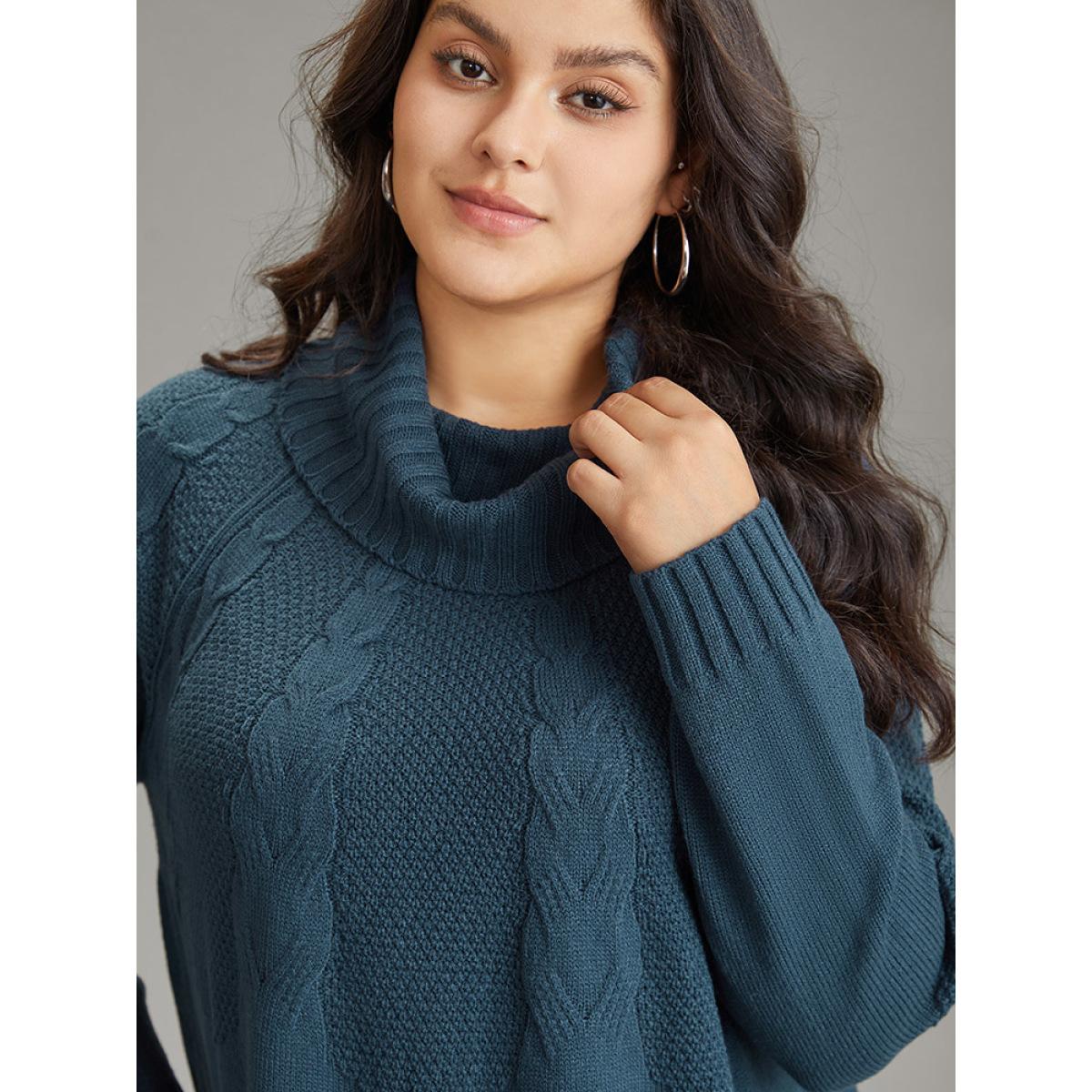 Plus Size Solid Turtle Neck Cable Knit Pullover Cyan Women Casual Loose Long Sleeve Turtleneck Dailywear Pullovers BloomChic 28/5X Product Image