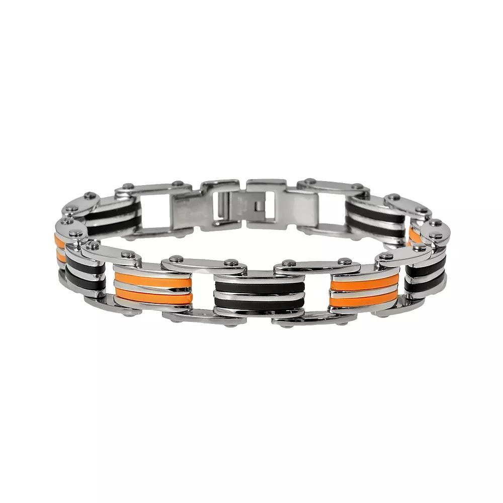 Stainless Steel, and Black and Orange Rubber Bracelet - Men, Men's, Size: 8.5", Multicolor Product Image