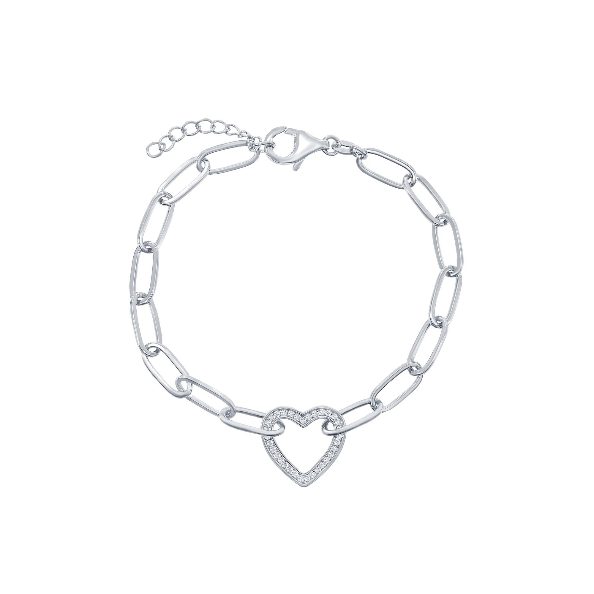 Cubic Zirconia Open Heart Paper Clip Bracelet, Women's, Size: 7-8" ADJ, Sterling Product Image