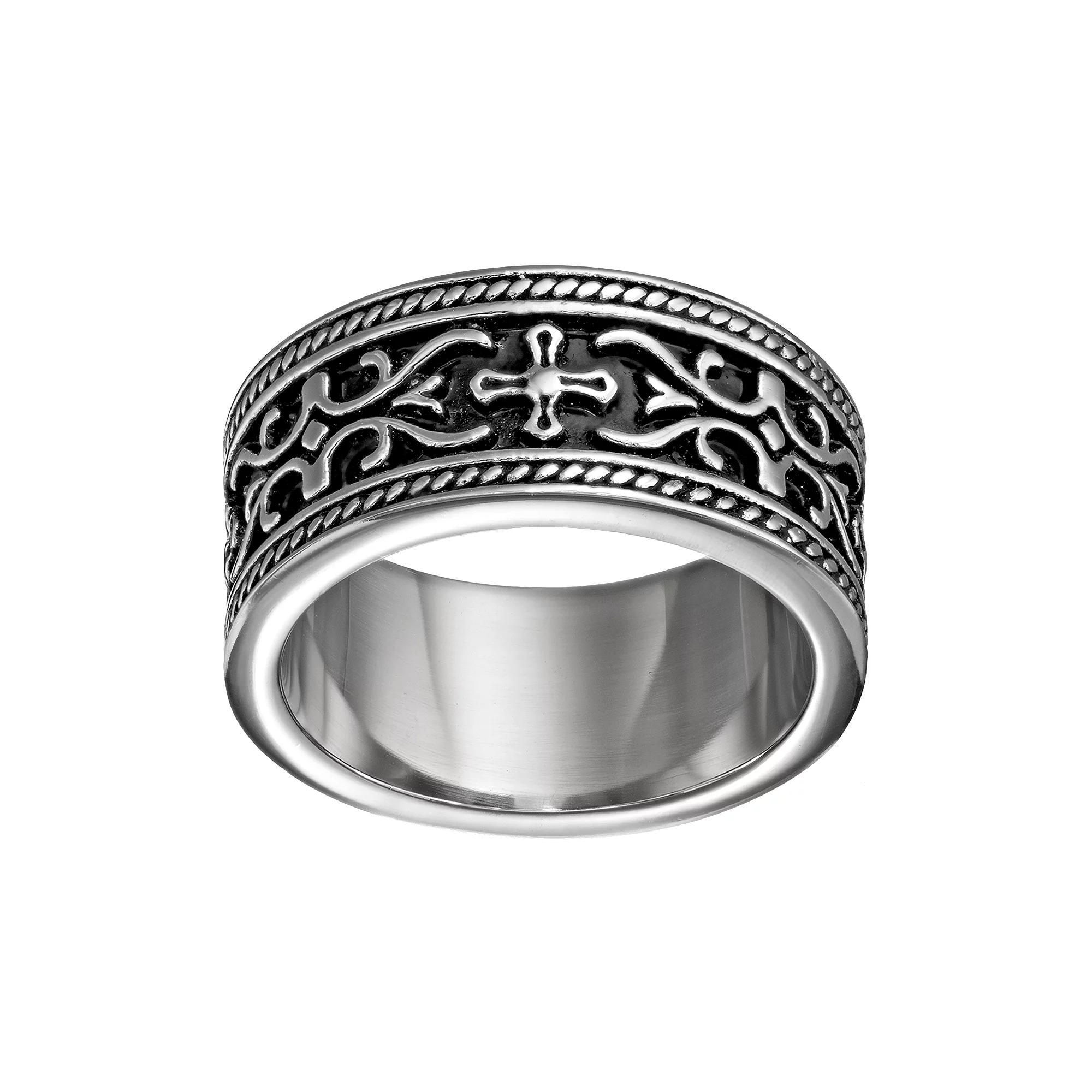 Stainless Steel Cross and Scrollwork Band - Men, Men's, Size: 10, Grey Product Image