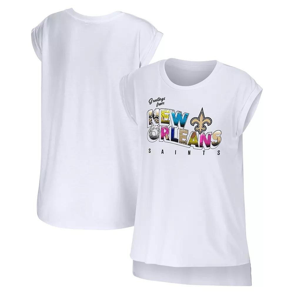 Women's WEAR by Erin Andrews White New Orleans Saints Greetings From Muscle T-Shirt,  Product Image