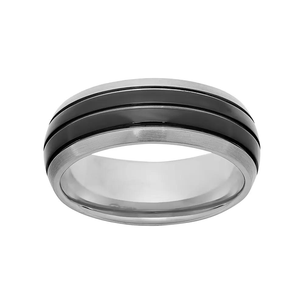 Titanium and Black Ion-Plated Titanium Striped Wedding Band - Men, Men's, Size: 7.50, White Product Image