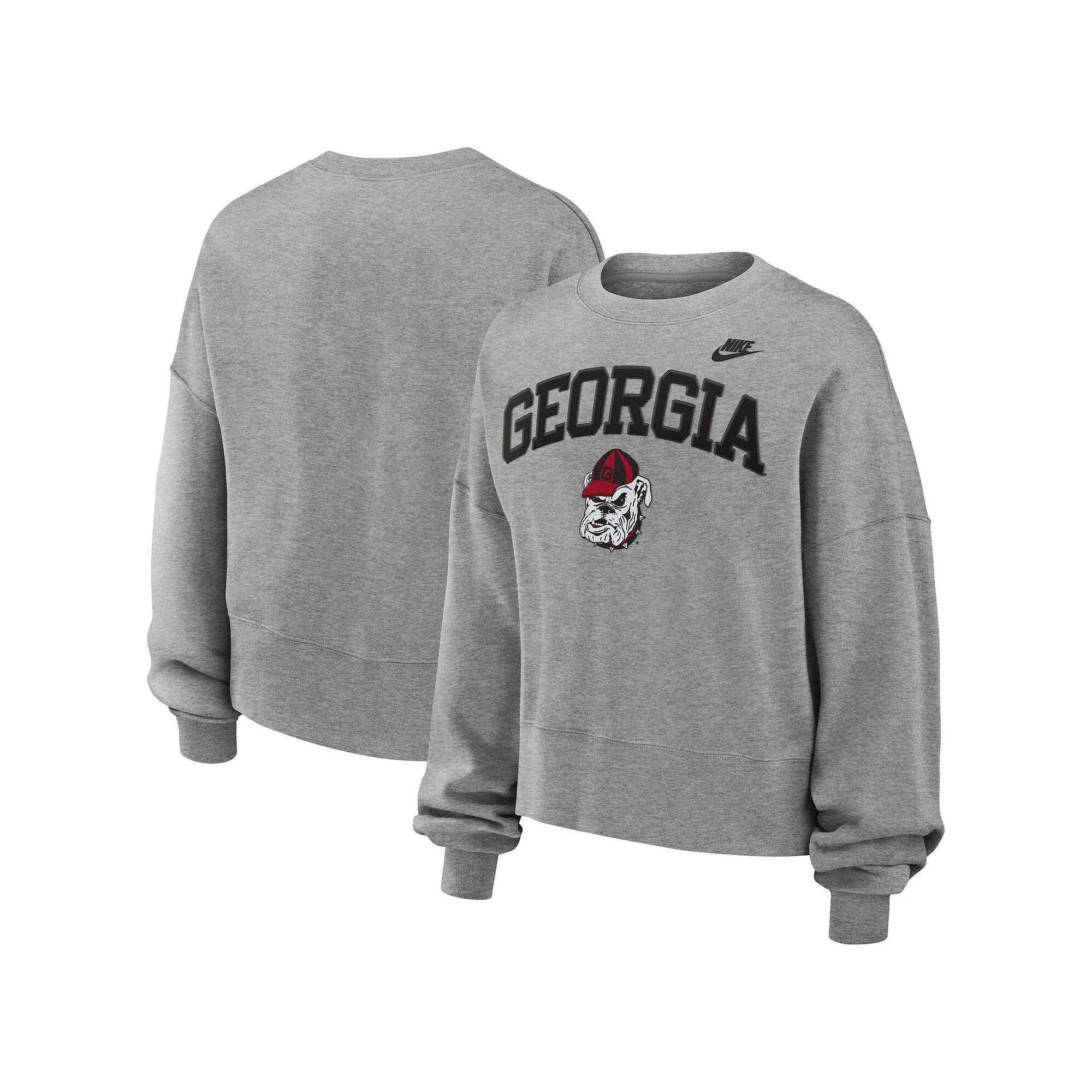 Women's Nike Heather Gray Georgia Bulldogs Legacy Fleece Classic Arch Oversized Cropped Tackle Twill Sweatshirt, Size: XL, Grey Product Image