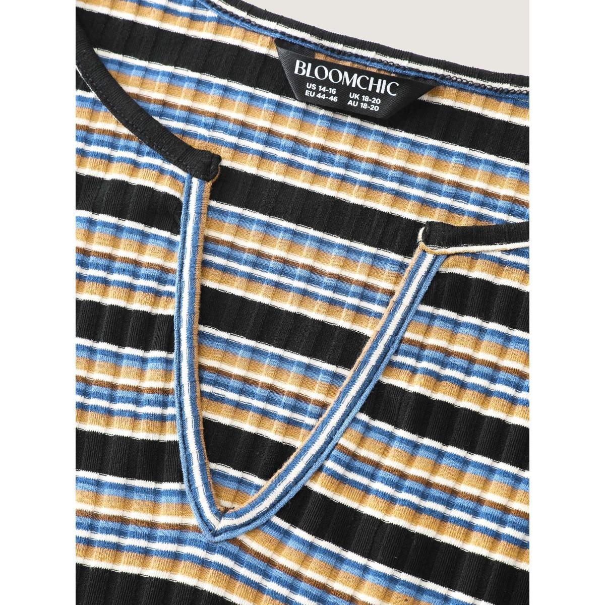 Plus Size Monochrome Stripe Embroidery T-Shirt Multicolor Women Leisure Texture Flat collar with V-notch Casual T-shirts BloomChic 12/L Product Image